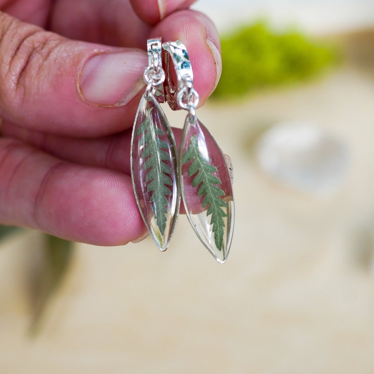 Pressed Fern ellipse huggy hoop earrings, real fern sterling silver hoops
