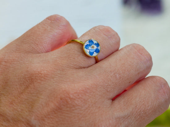 Forget me not ring made with real flowers. Stainless steel non -tarnish memorial jewelry