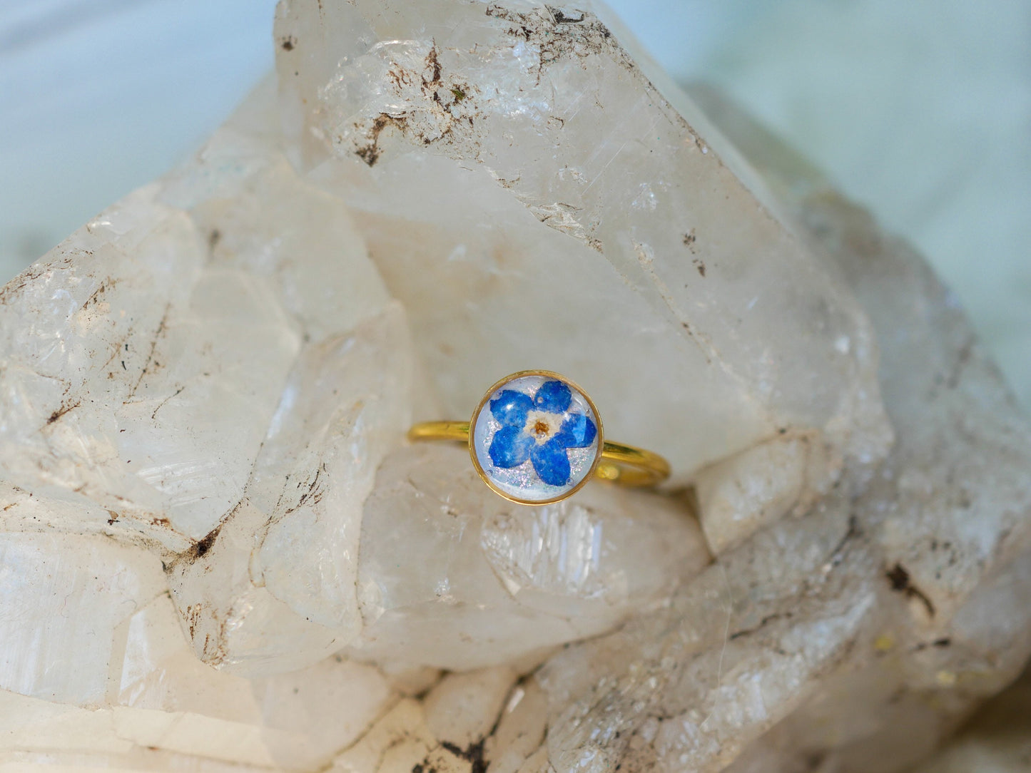 Forget me not ring made with real flowers. Stainless steel non -tarnish memorial jewelry
