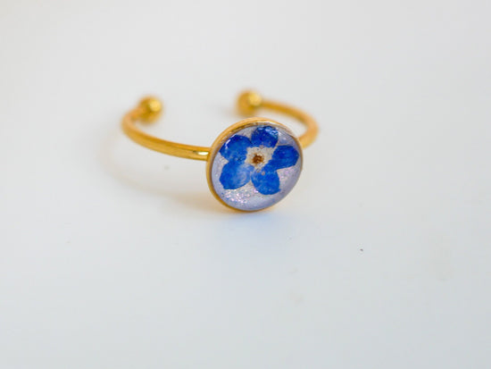 Forget me not ring made with real flowers. Stainless steel non -tarnish memorial jewelry