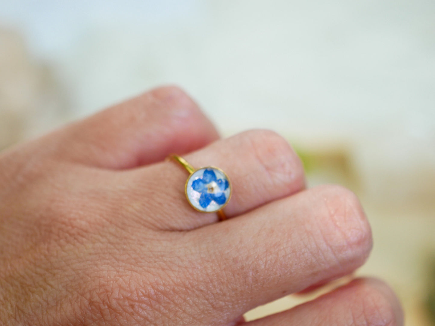 Forget me not ring made with real flowers. Stainless steel non -tarnish memorial jewelry