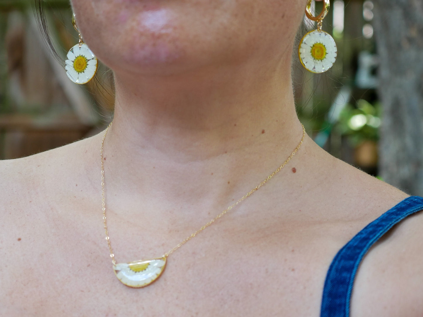 Pressed Daisy Half Moon Necklace
