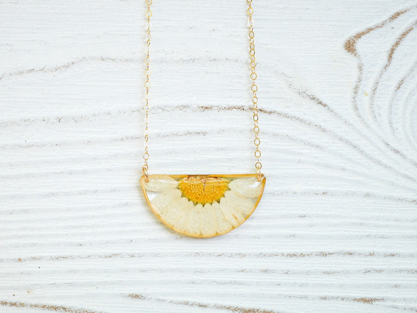 Pressed Daisy Half Moon Necklace