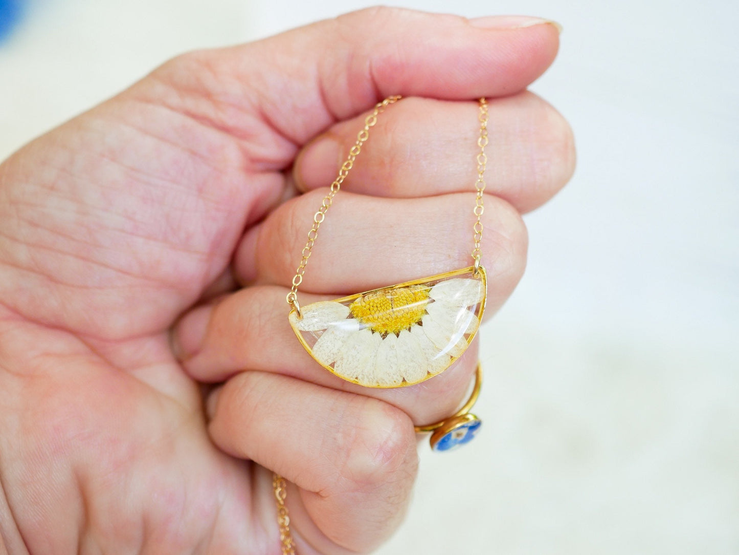 Pressed Daisy Half Moon Necklace