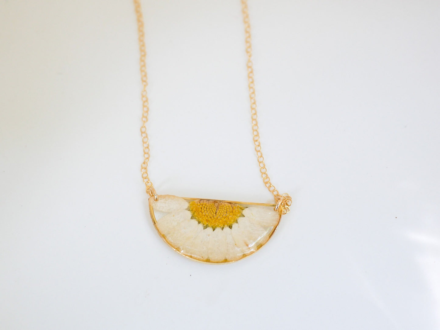 Pressed Daisy Half Moon Necklace