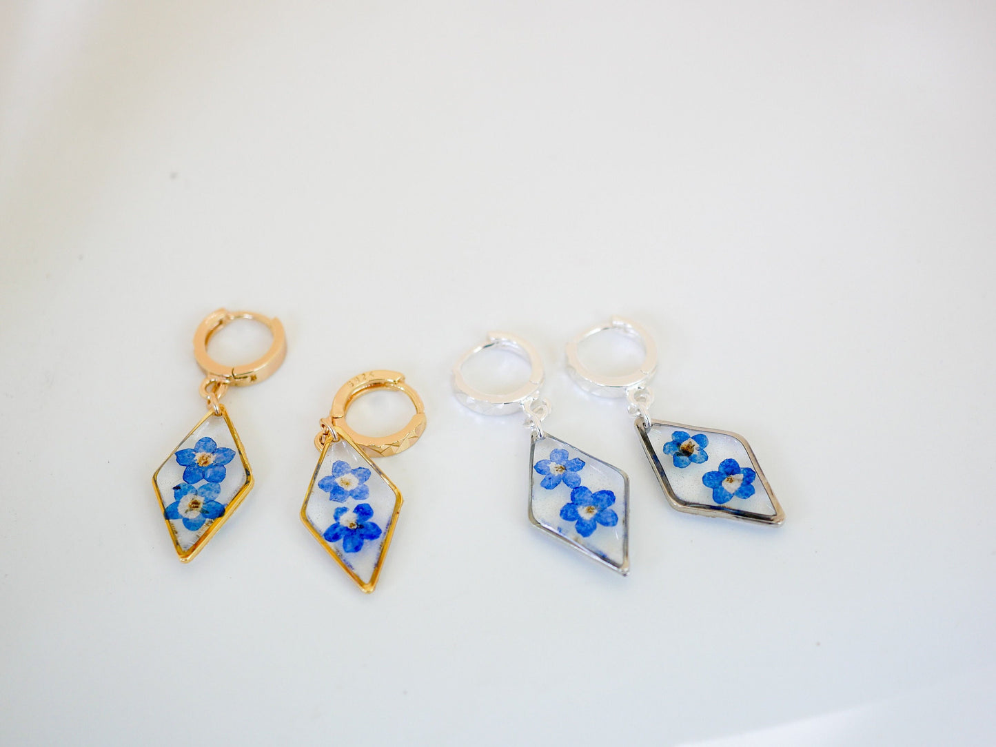 Pressed Flower Earrings: Forget Me Not on Dainty Teardrop Hoops - Gold or Silver