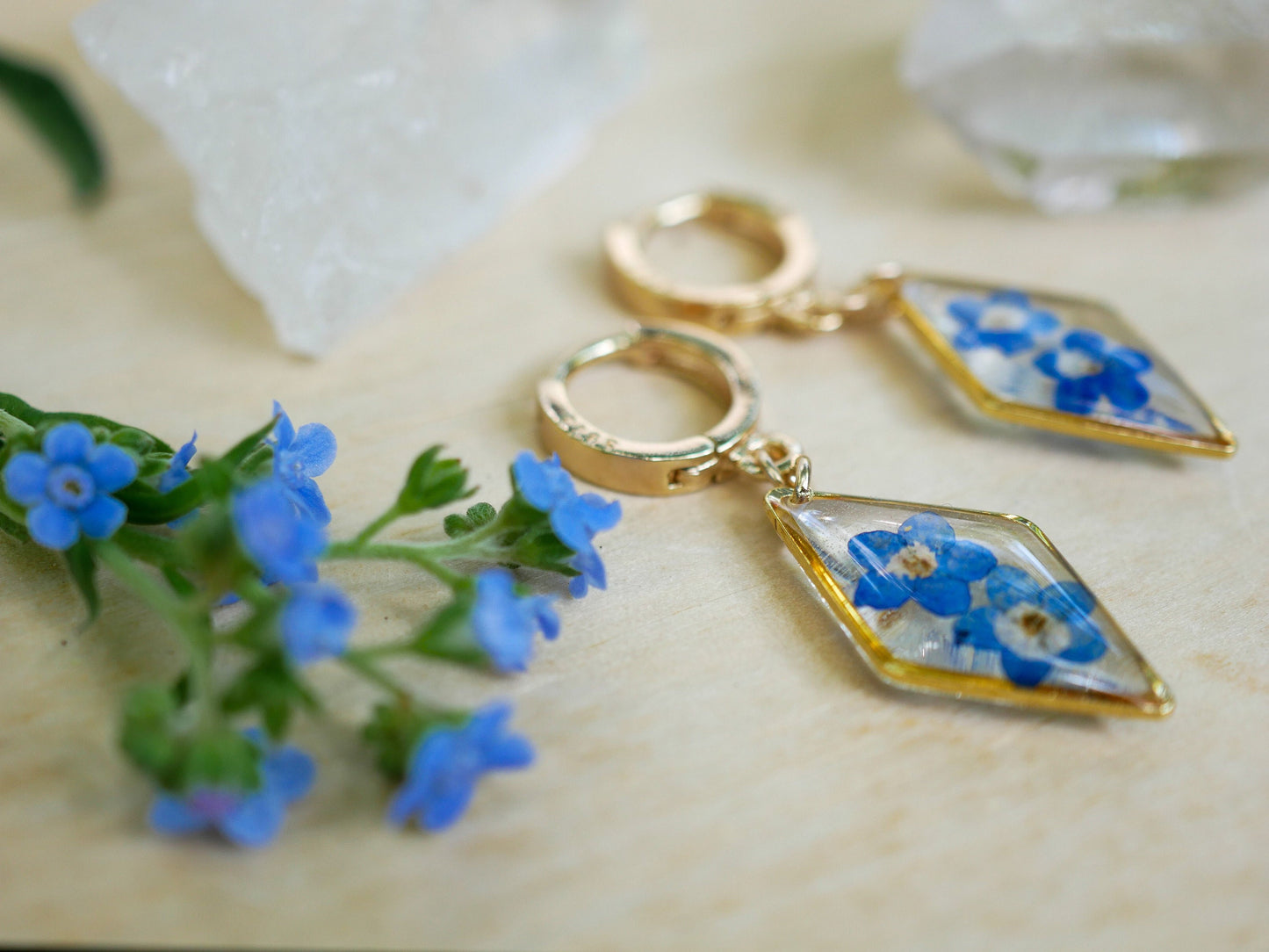 Pressed Flower Earrings: Forget Me Not on Dainty Teardrop Hoops - Gold or Silver