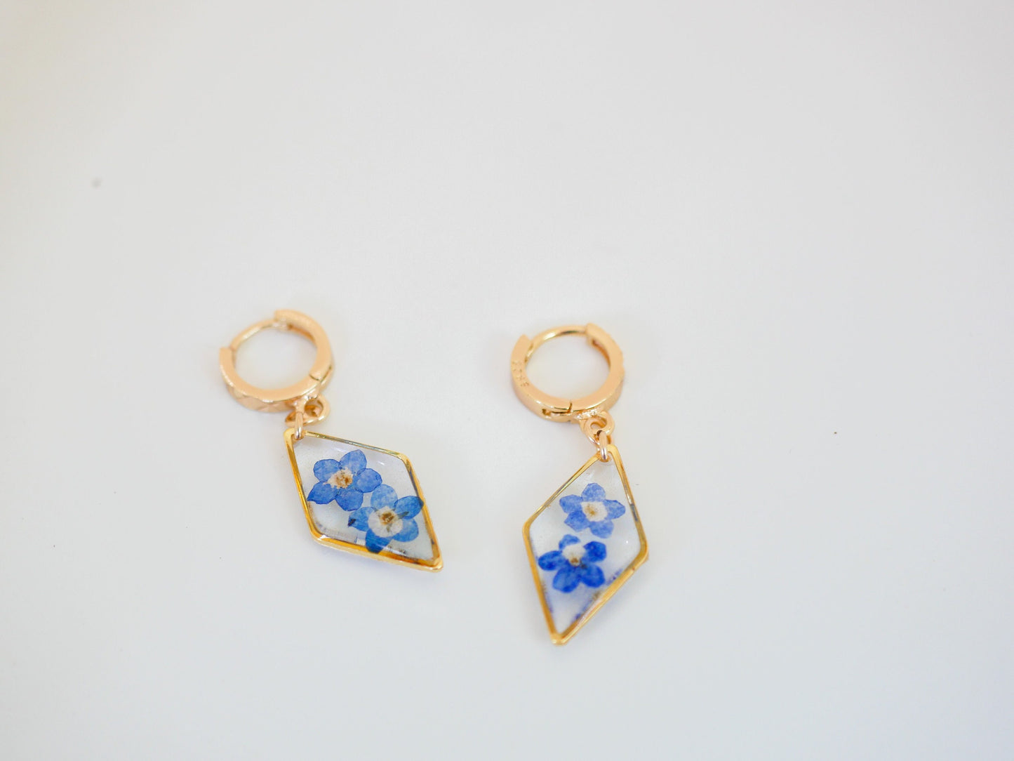 Pressed Flower Earrings: Forget Me Not on Dainty Teardrop Hoops - Gold or Silver