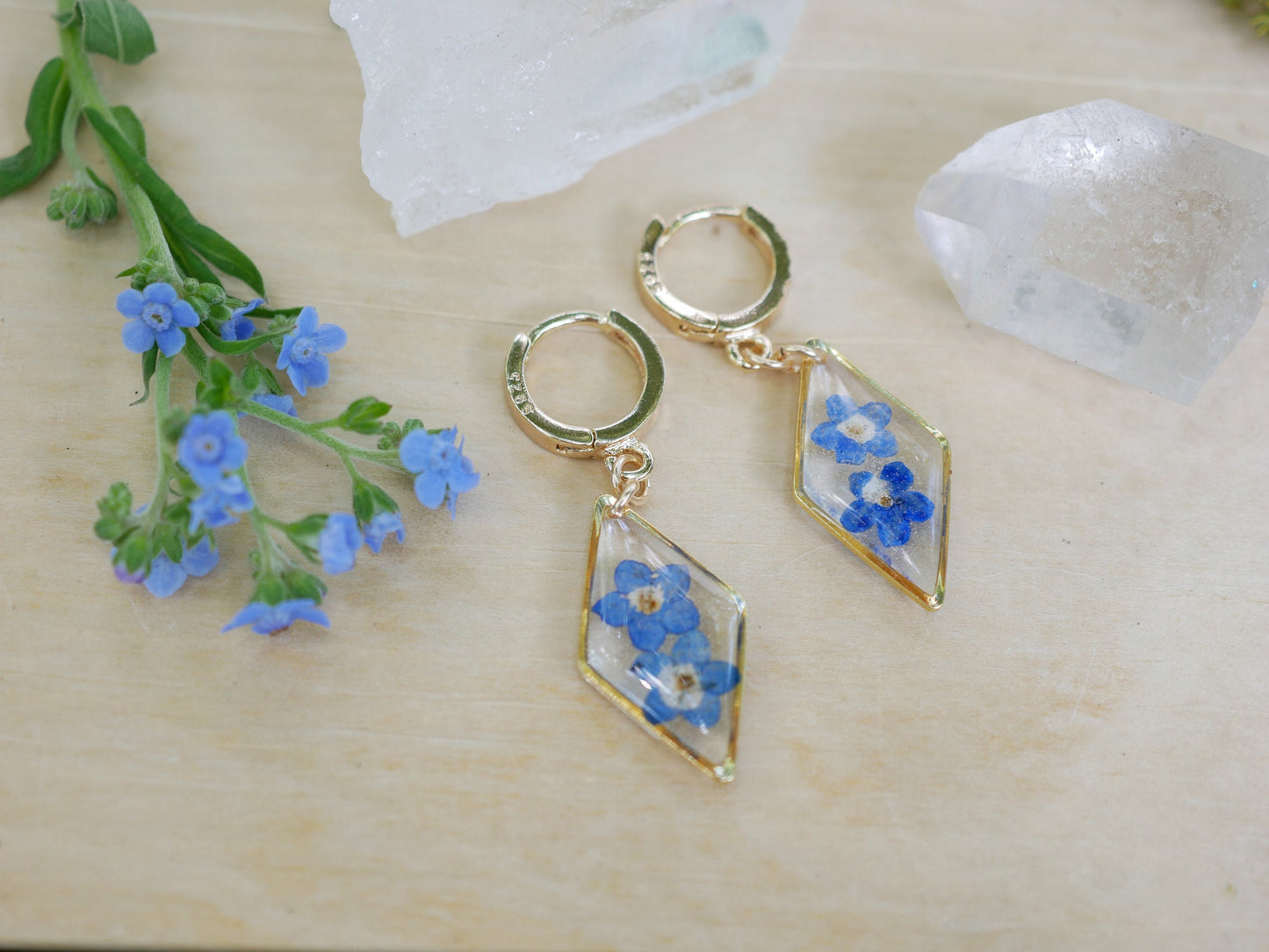 Pressed Flower Earrings: Forget Me Not on Dainty Teardrop Hoops - Gold or Silver