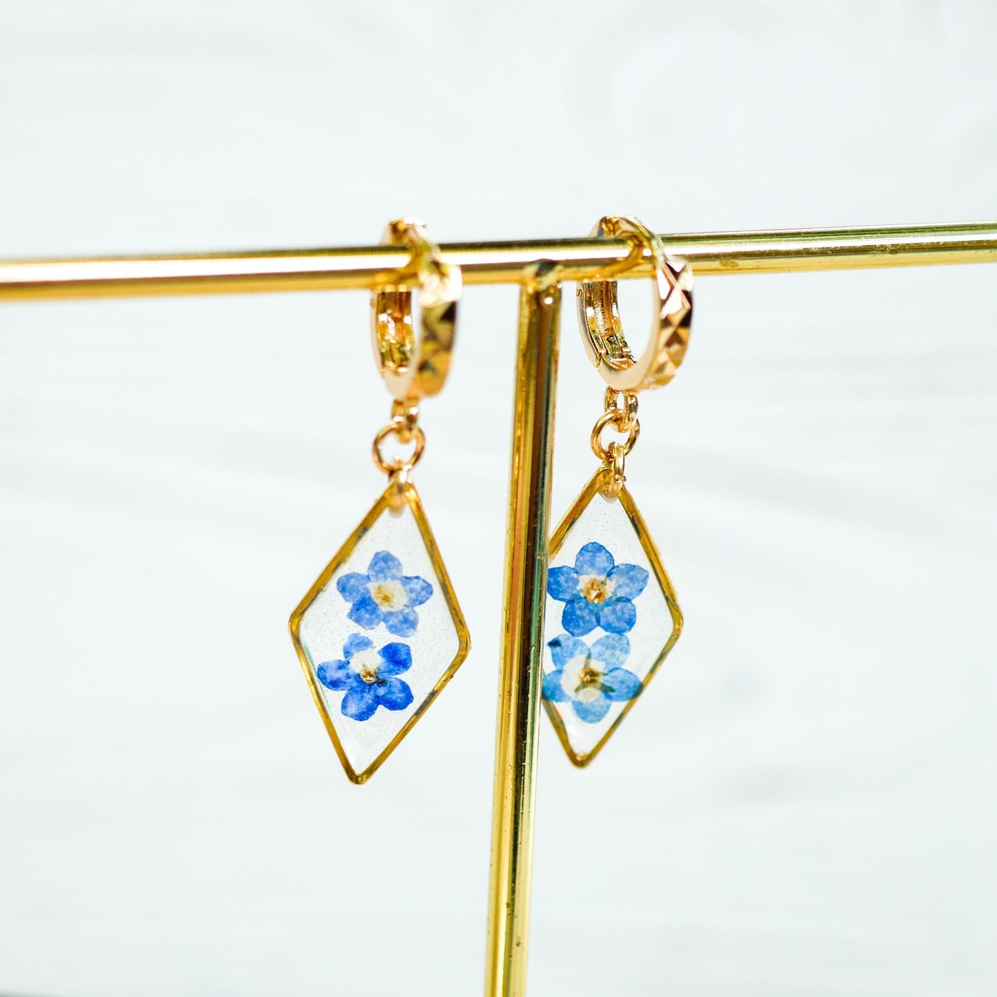 Pressed Flower Earrings: Forget Me Not on Dainty Teardrop Hoops - Gold or Silver