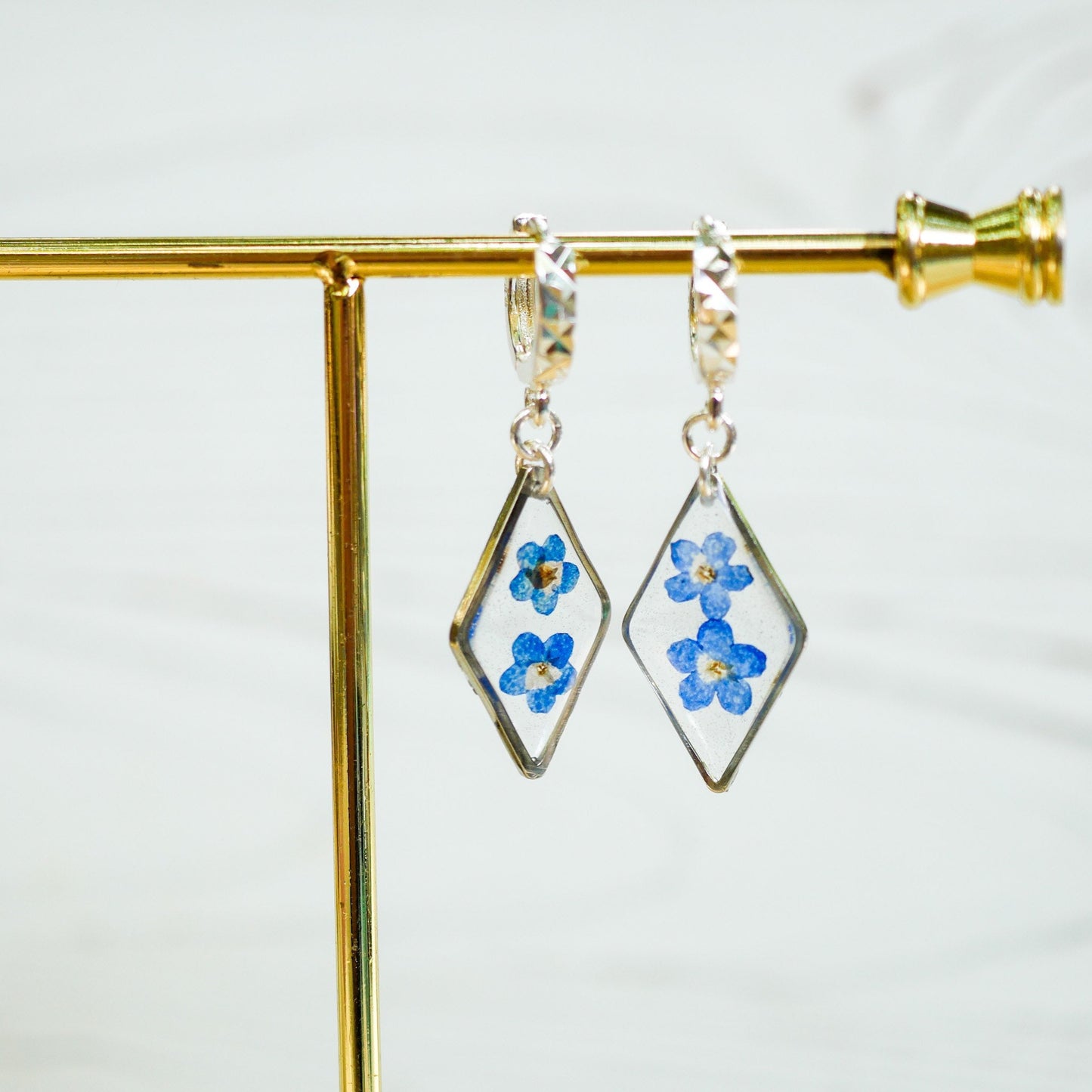 Pressed Flower Earrings: Forget Me Not on Dainty Teardrop Hoops - Gold or Silver