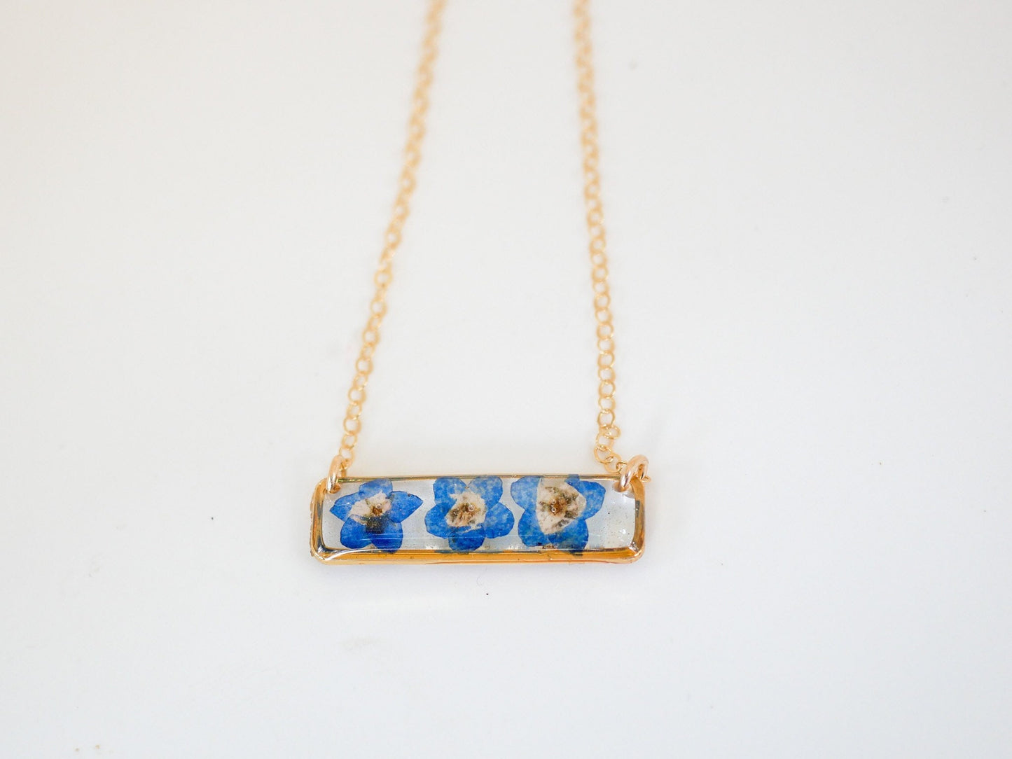 Forget me not bar necklace, dainty flower jewelry, pressed flower necklace, memorial necklace, real flower bar necklace, botanical jewelry