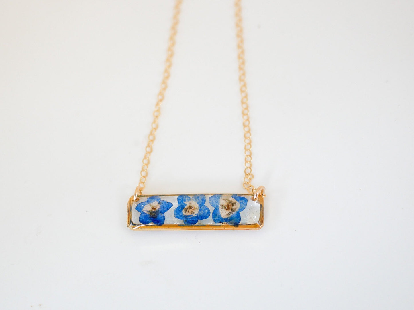Forget me not bar necklace, dainty flower jewelry, pressed flower necklace, memorial necklace, real flower bar necklace, botanical necklace