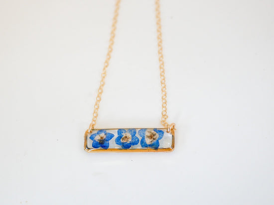 Forget me not bar necklace, dainty flower jewelry, pressed flower necklace, memorial necklace, real flower bar necklace, botanical necklace