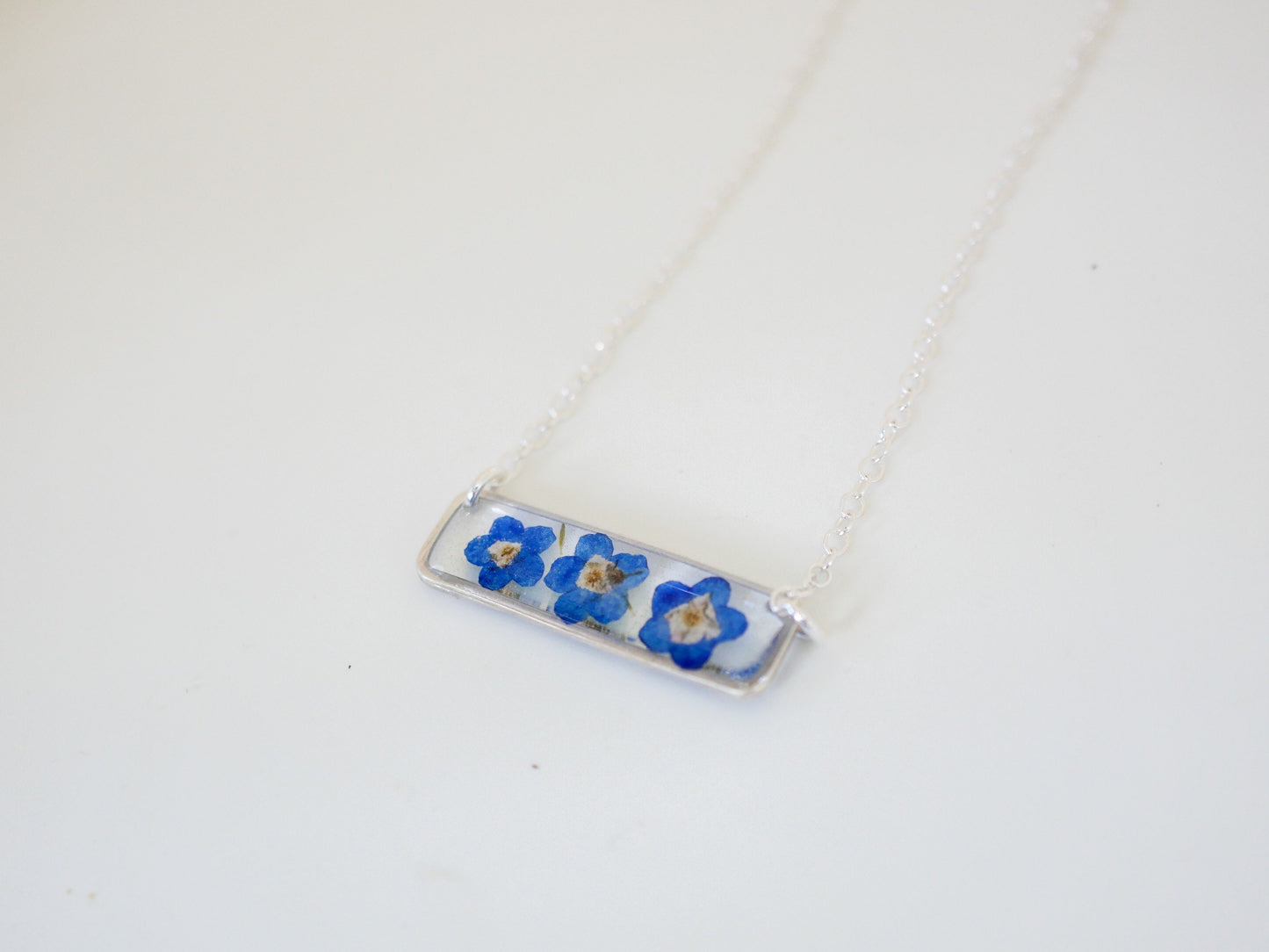 Forget me not bar necklace, dainty flower jewelry, pressed flower necklace, memorial necklace, real flower bar necklace, botanical necklace