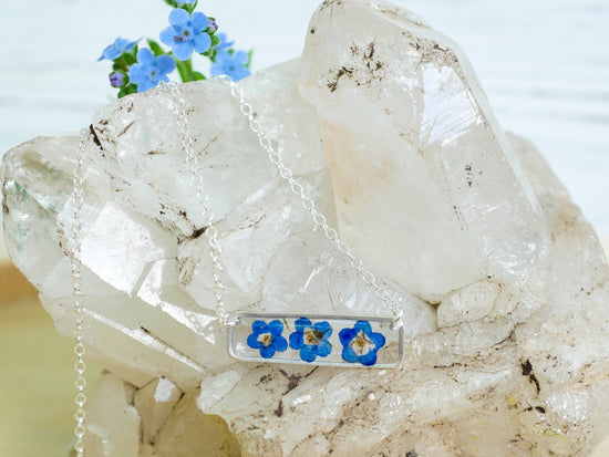Forget me not bar necklace, dainty flower jewelry, pressed flower necklace, memorial necklace, real flower bar necklace, botanical necklace