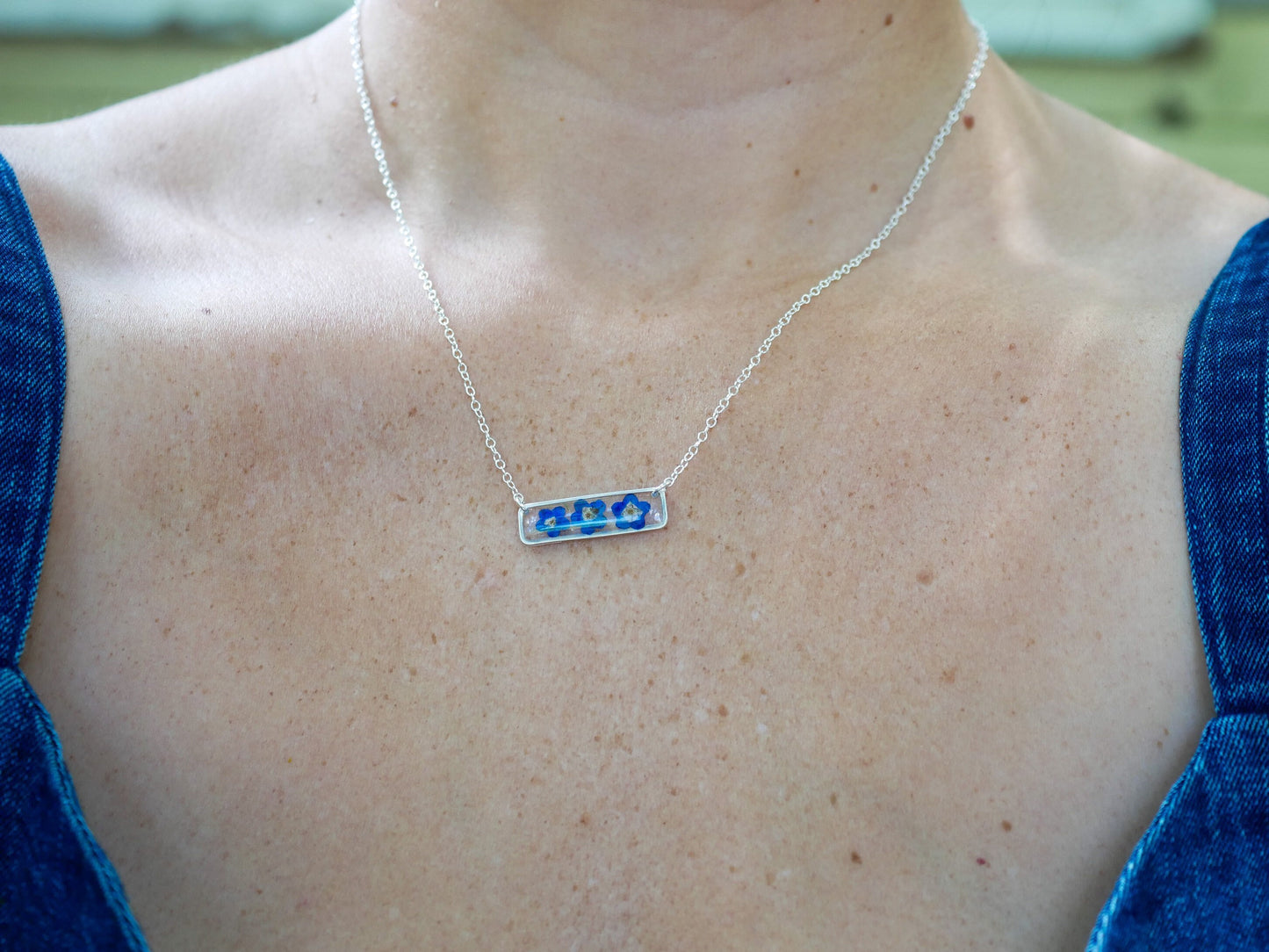 Forget me not bar necklace, dainty flower jewelry, pressed flower necklace, memorial necklace, real flower bar necklace, botanical necklace