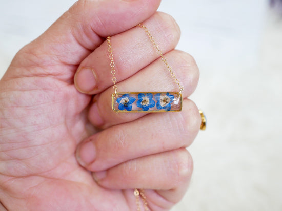 Forget me not bar necklace, dainty flower jewelry, pressed flower necklace, memorial necklace, real flower bar necklace, botanical necklace