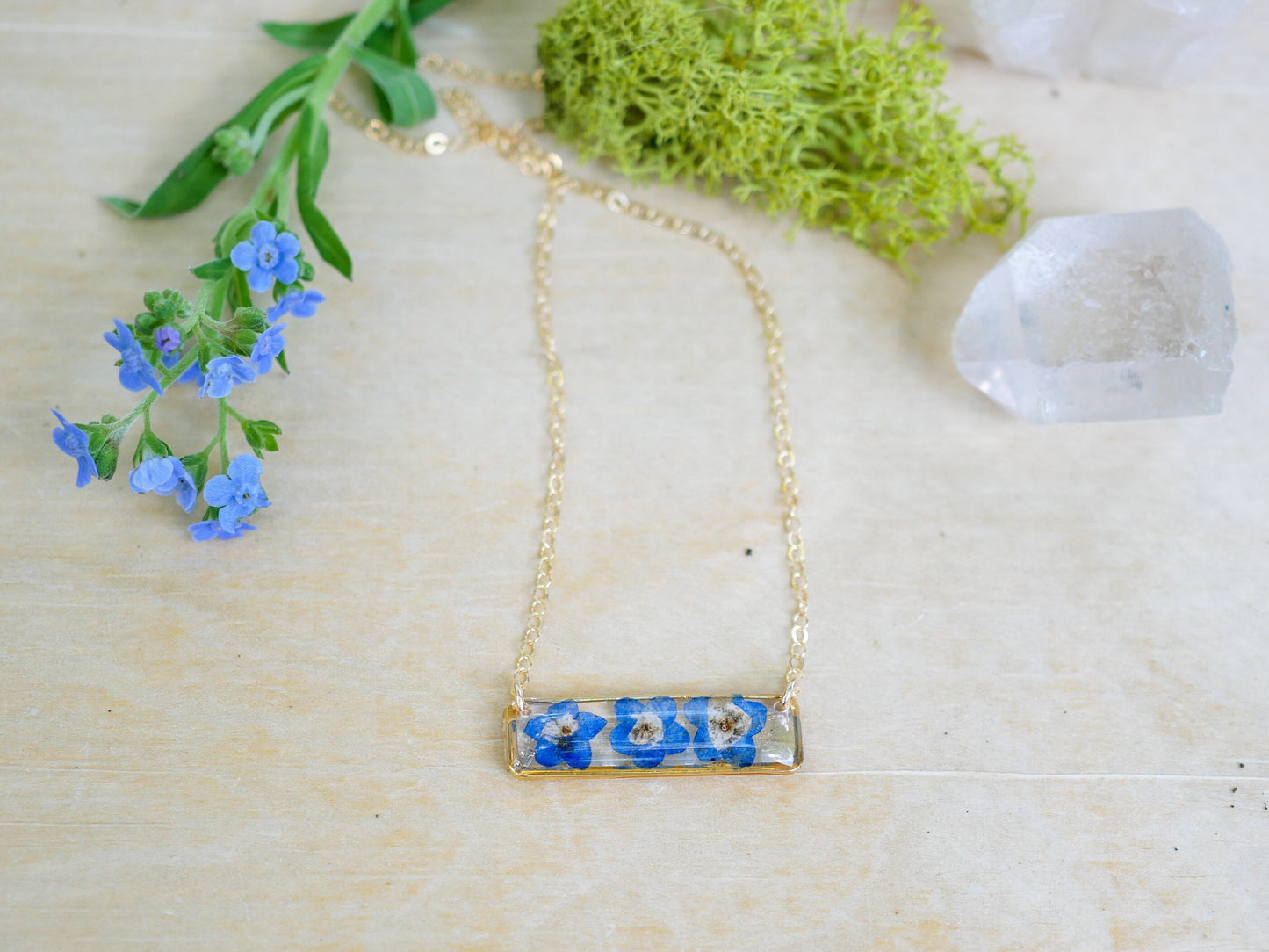 Forget me not bar necklace, dainty flower jewelry, pressed flower necklace, memorial necklace, real flower bar necklace, botanical necklace