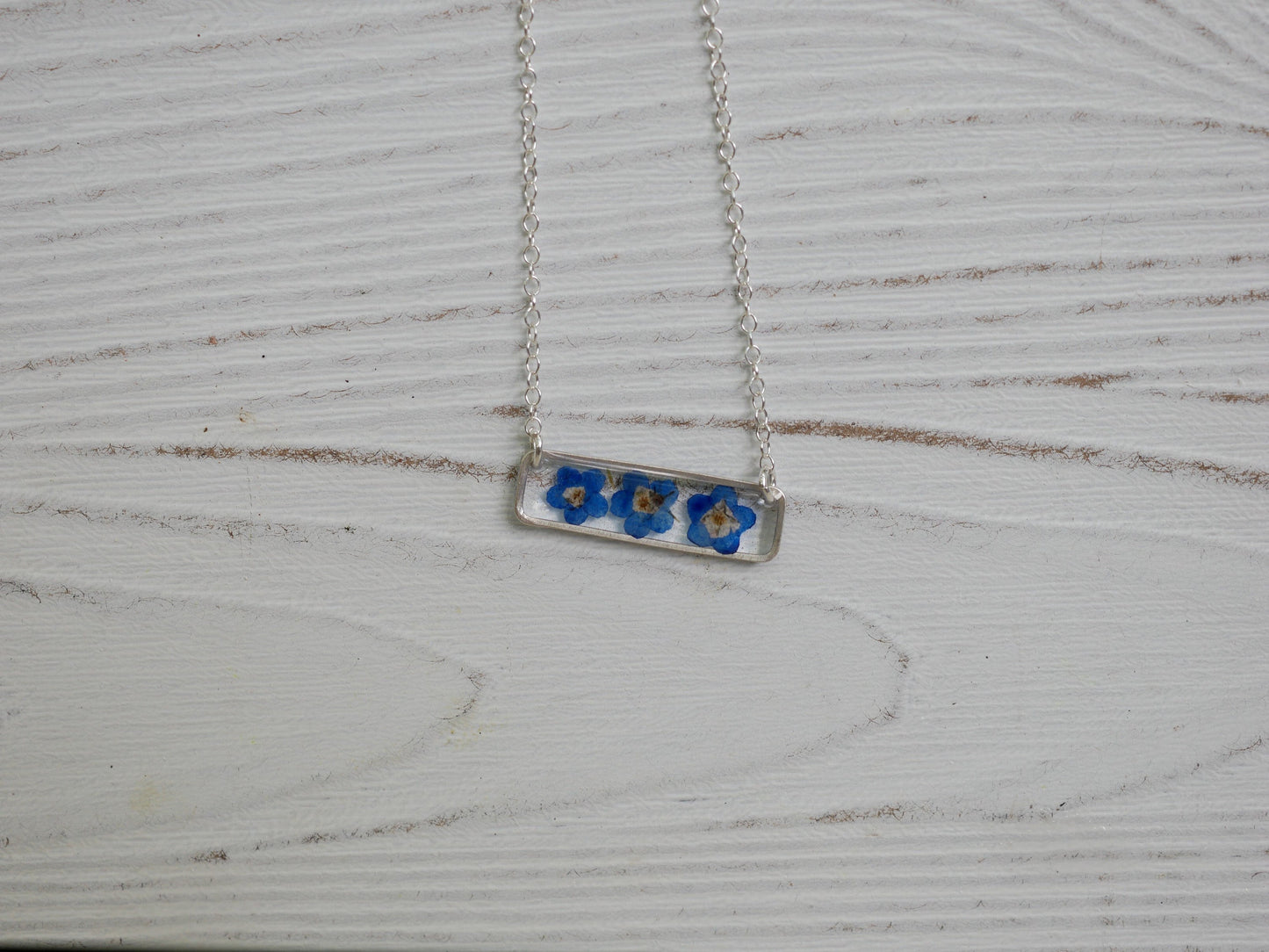Forget me not bar necklace, dainty flower jewelry, pressed flower necklace, memorial necklace, real flower bar necklace, botanical necklace