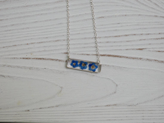 Forget me not bar necklace, dainty flower jewelry, pressed flower necklace, memorial necklace, real flower bar necklace, botanical necklace