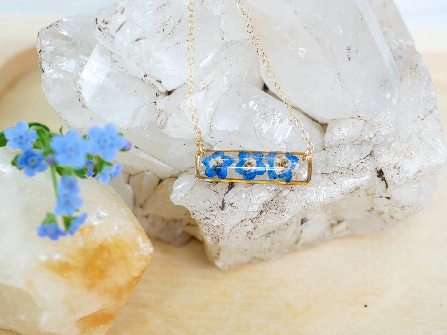 Forget me not bar necklace, dainty flower jewelry, pressed flower necklace, memorial necklace, real flower bar necklace, botanical necklace