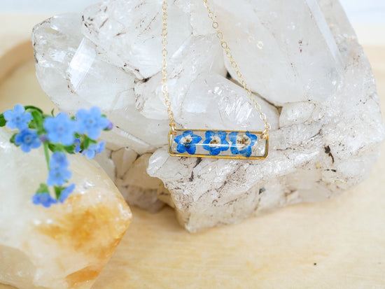 Forget me not bar necklace, dainty flower jewelry, pressed flower necklace, memorial necklace, real flower bar necklace, botanical necklace