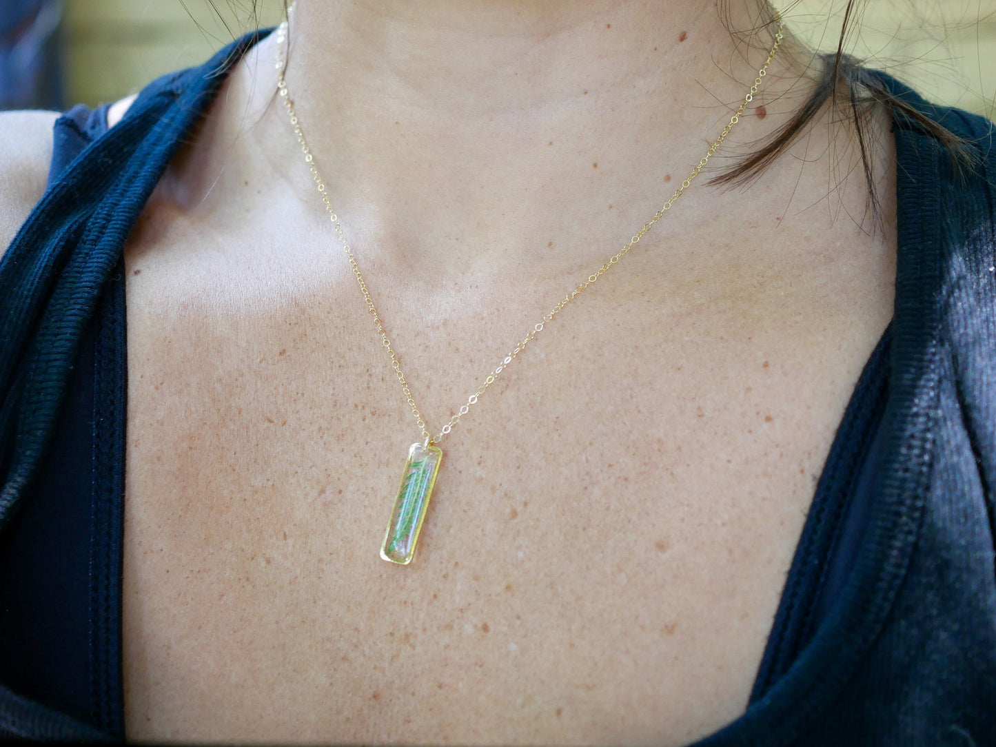Dainty pressed Fern Leaf Necklace, Vertical Bar Necklace, Pressed fern jewelry, ellipse necklace, nature gift, terrarium necklace