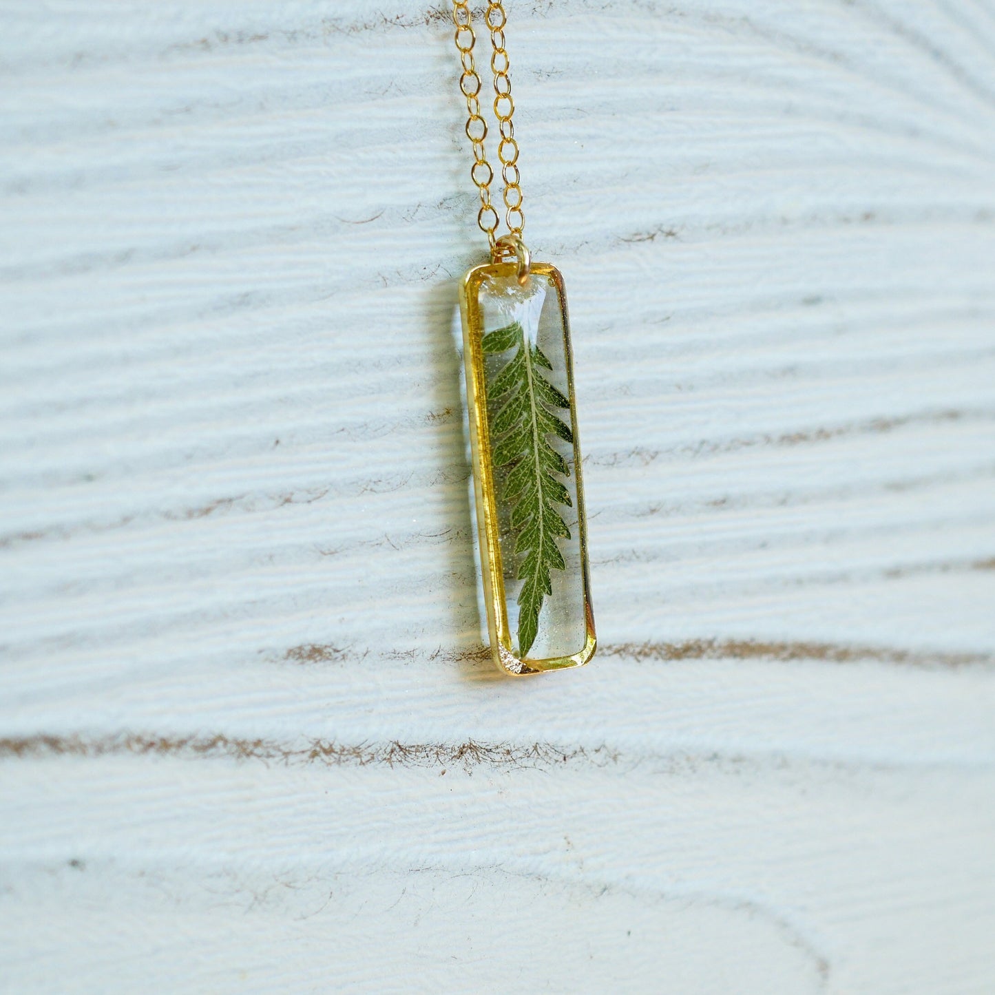 Dainty pressed Fern Leaf Necklace, Vertical Bar Necklace, Pressed fern jewelry, ellipse necklace, nature gift, terrarium necklace