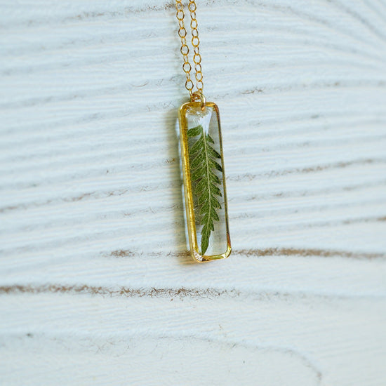 Dainty pressed Fern Leaf Necklace, Vertical Bar Necklace, Pressed fern jewelry, ellipse necklace, nature gift, terrarium necklace