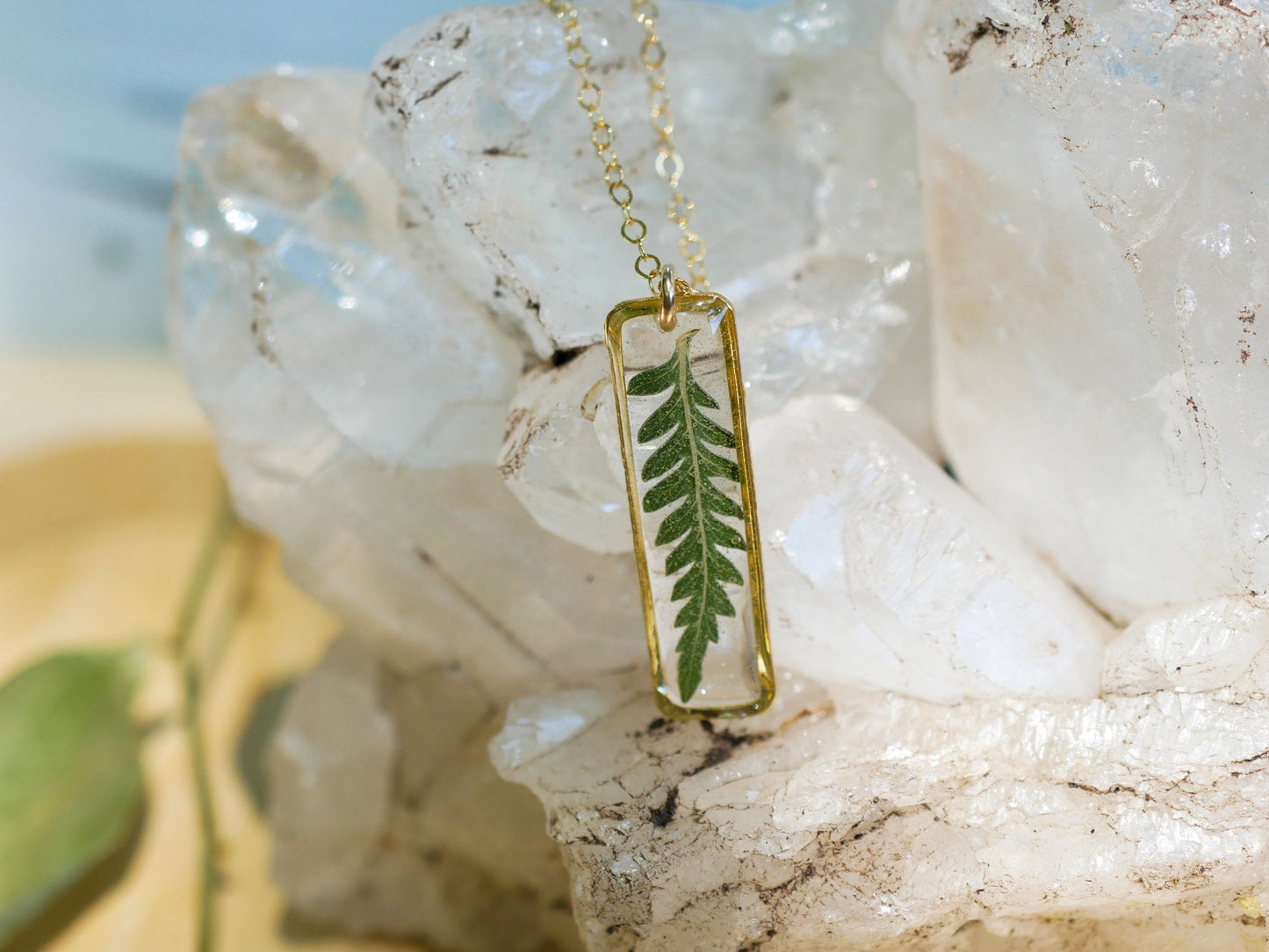 Dainty pressed Fern Leaf Necklace, Vertical Bar Necklace, Pressed fern jewelry, ellipse necklace, nature gift, terrarium necklace