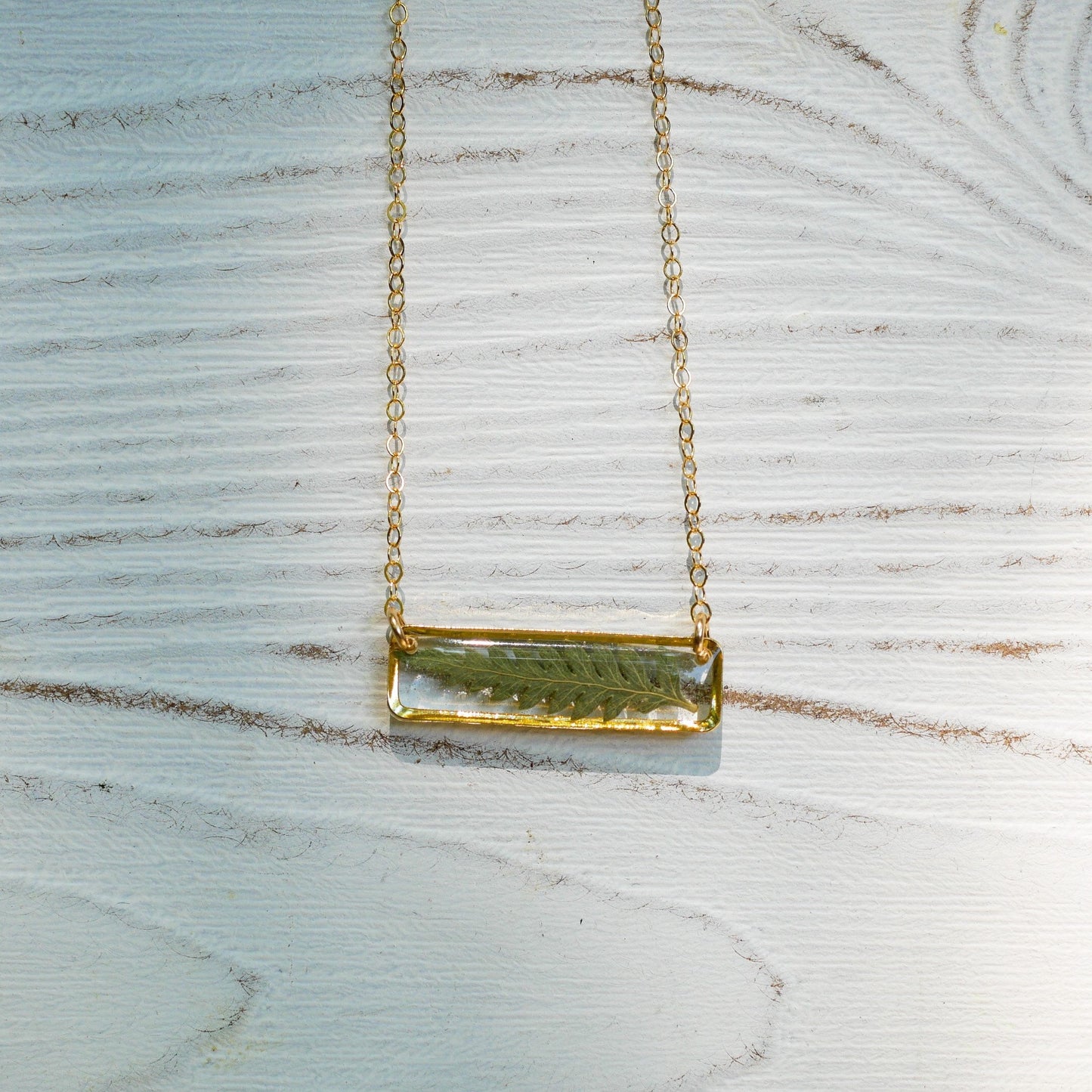 Dainty Fern Necklace in Resin – Horizontal Bar Necklace – 14k Gold Fill or Sterling Silver – Pressed Botanical Jewelry – Minimalist Everyday