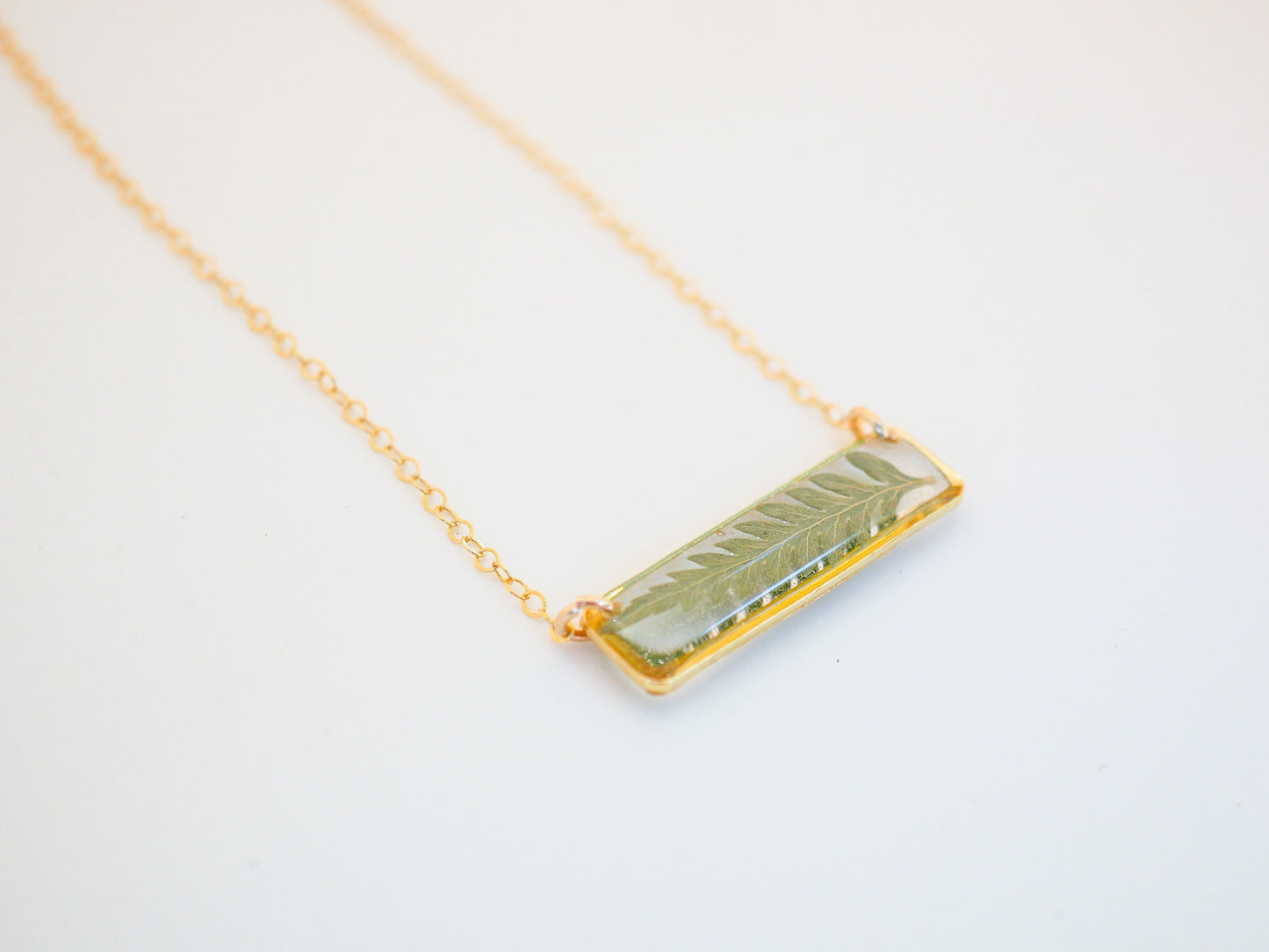 Dainty Fern Necklace in Resin – Horizontal Bar Necklace – 14k Gold Fill or Sterling Silver – Pressed Botanical Jewelry – Minimalist Everyday