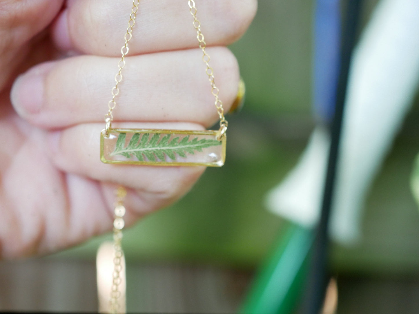 Pressed Fern bar necklace, horizontal bar necklace, Dainty Fern Jewelry, 14k gold fern necklace, Sterling silver Fern necklace