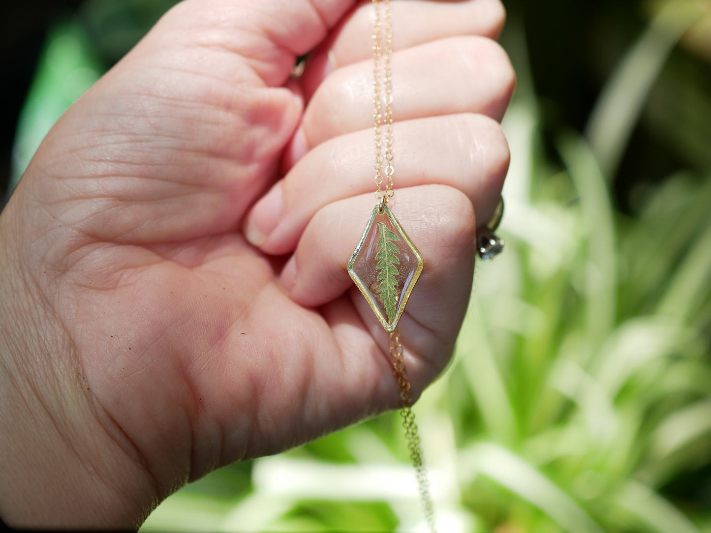 Dainty pressed Fern Necklace, Real fern jewelry, real leaf necklace, nature gift, terrarium necklace, diamond shape necklace