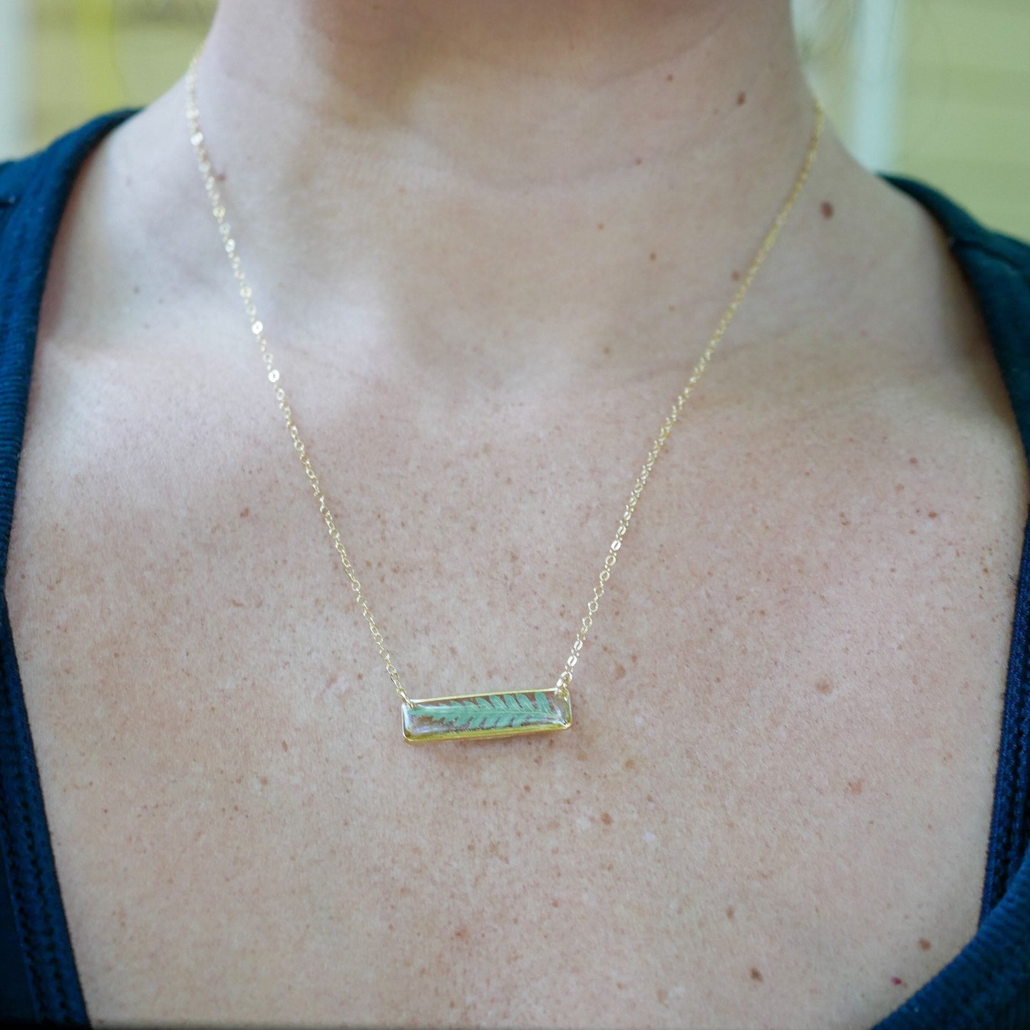 Dainty Fern Necklace in Resin – Horizontal Bar Necklace – 14k Gold Fill or Sterling Silver – Pressed Botanical Jewelry – Minimalist Everyday