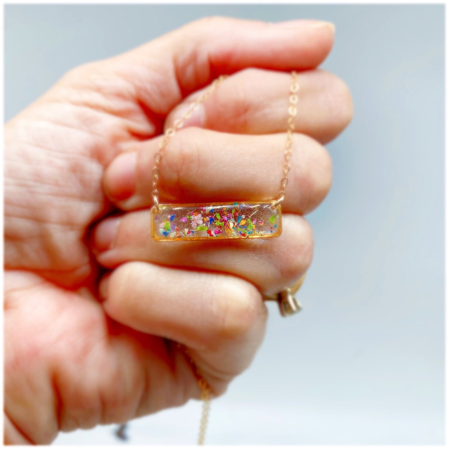 Flower confetti bar necklace, horizontal bar necklace, Dainty Bar Jewelry, nature necklace, Pressed flower necklace, real flower jewelrh