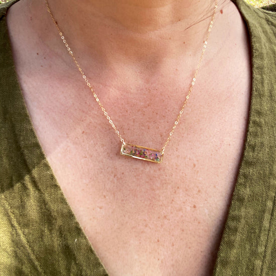 Flower confetti bar necklace, horizontal bar necklace, Dainty Bar Jewelry, nature necklace, Pressed flower necklace, real flower jewelrh