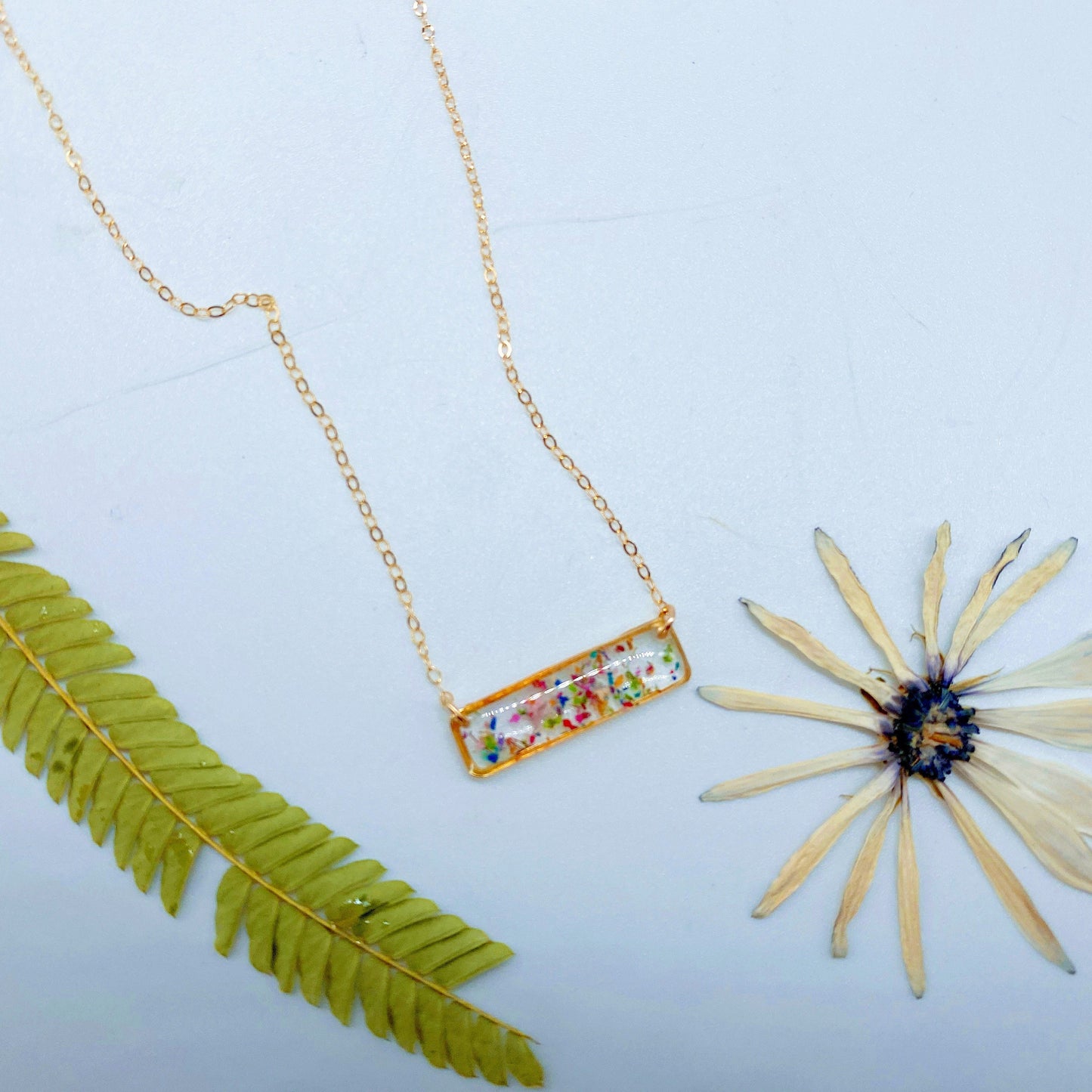 Flower confetti bar necklace, horizontal bar necklace, Dainty Bar Jewelry, nature necklace, Pressed flower necklace, real flower jewelrh