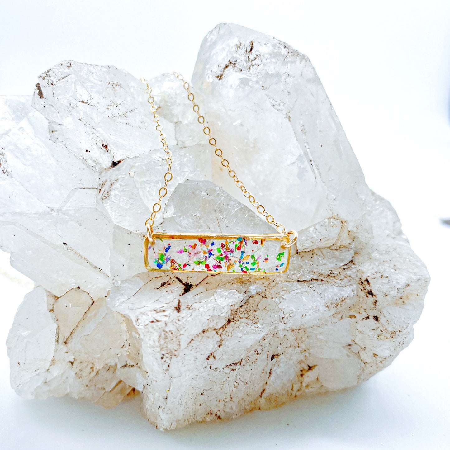 Flower confetti bar necklace, horizontal bar necklace, Dainty Bar Jewelry, nature necklace, Pressed flower necklace, real flower jewelrh