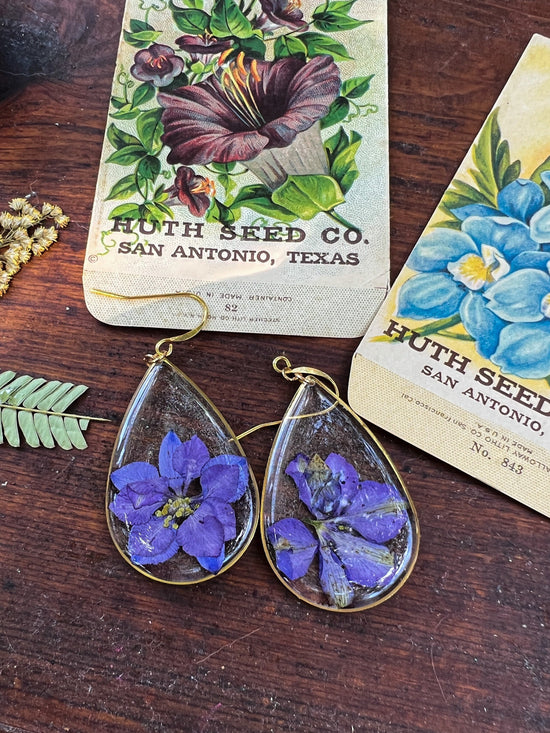 Pressed Larkspur earrings, botanical statement earrings, large real flower earrings, July birthflower