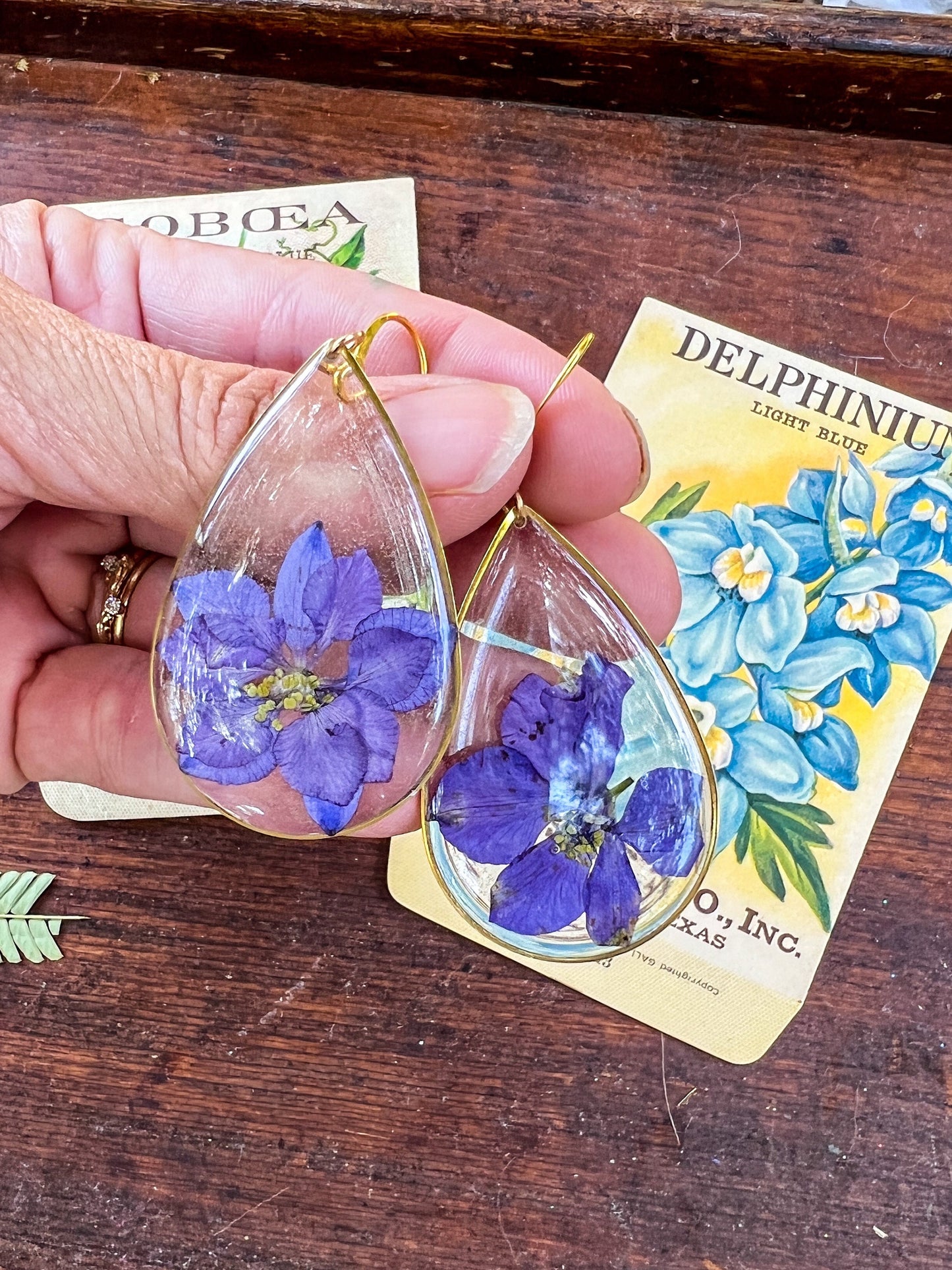 Pressed Larkspur earrings, botanical statement earrings, large real flower earrings, July birthflower