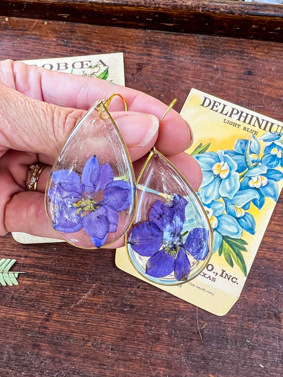 Pressed Larkspur earrings, botanical statement earrings, large real flower earrings, July birthflower
