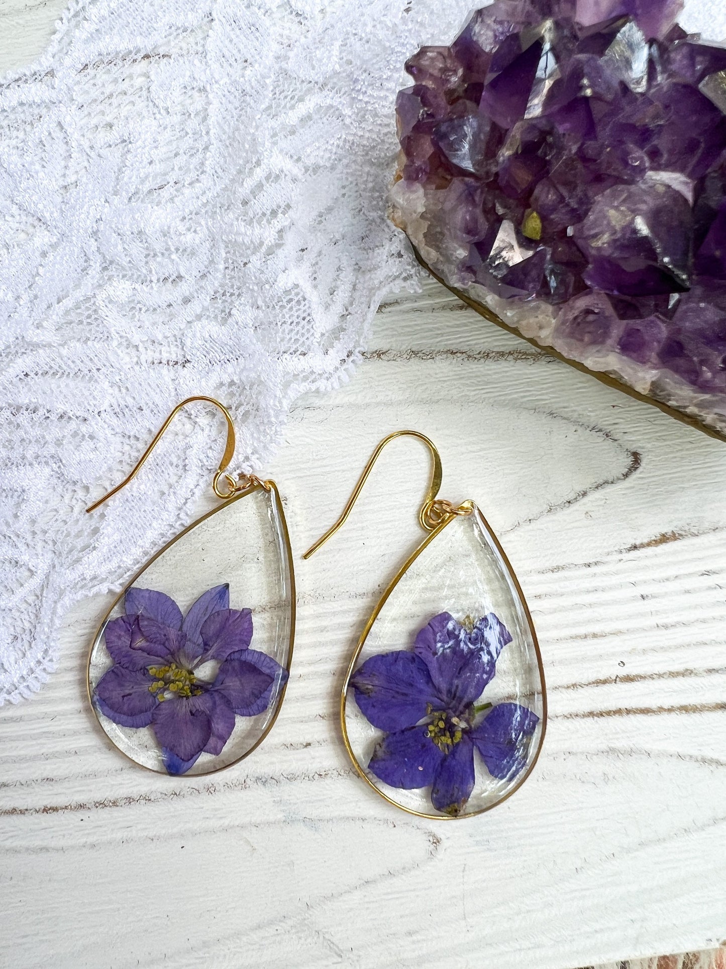 Pressed Larkspur earrings, botanical statement earrings, large real flower earrings, July birthflower