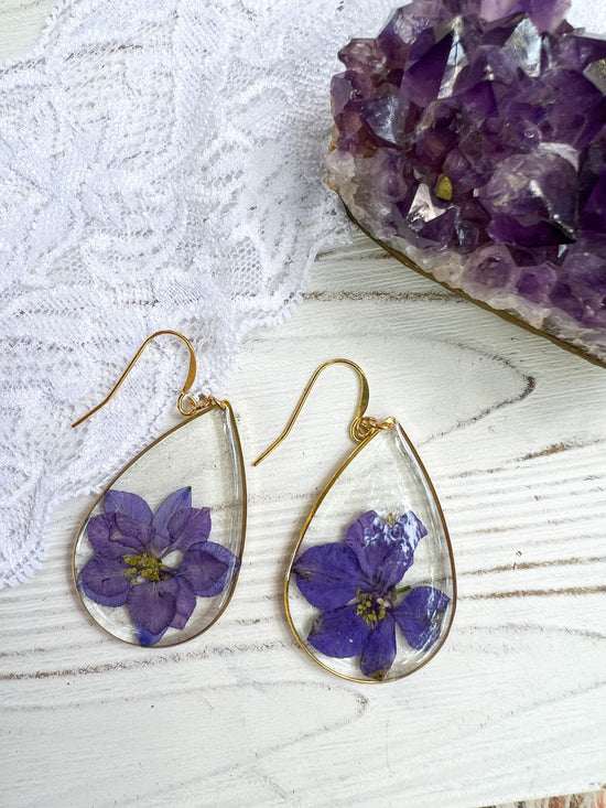 Pressed Larkspur earrings, botanical statement earrings, large real flower earrings, July birthflower