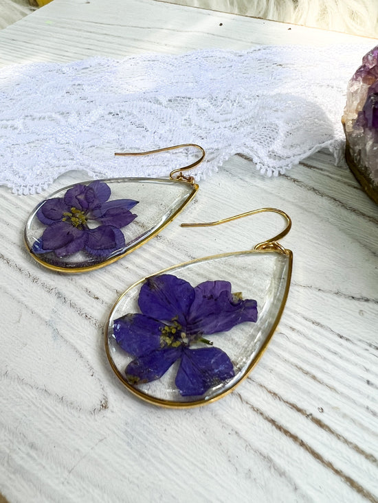 Pressed Larkspur earrings, botanical statement earrings, large real flower earrings, July birthflower