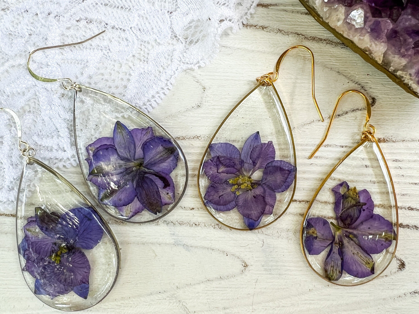 Pressed Larkspur earrings, botanical statement earrings, large real flower earrings, July birthflower
