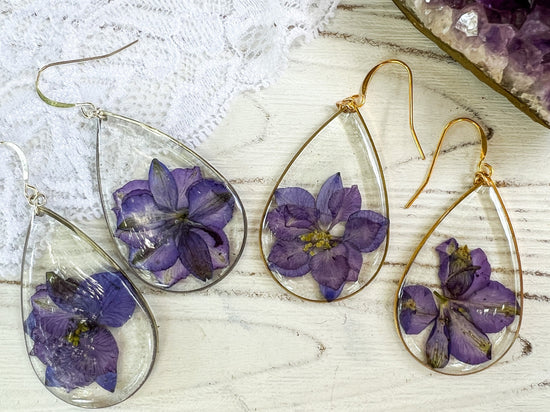 Pressed Larkspur earrings, botanical statement earrings, large real flower earrings, July birthflower