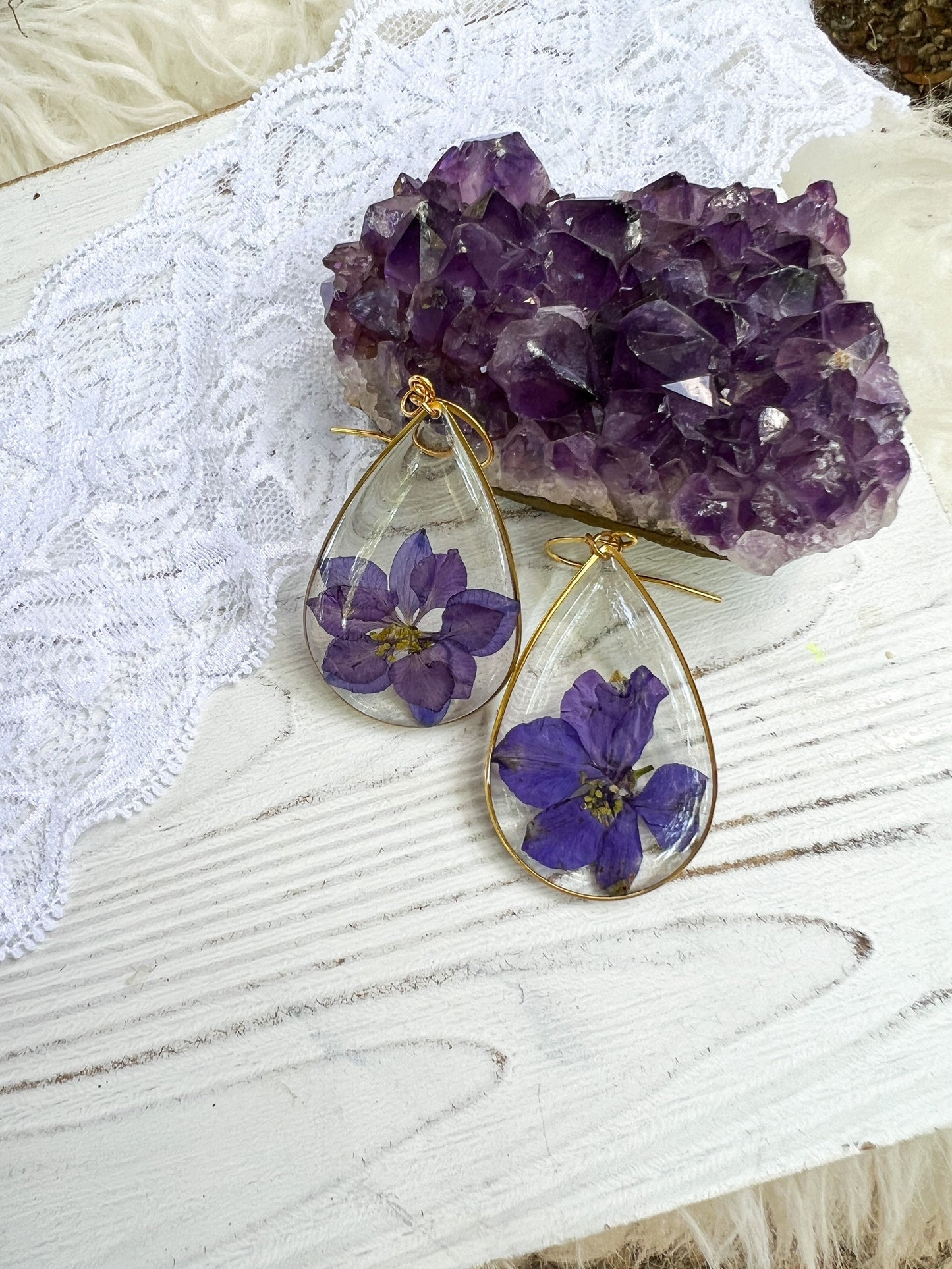 Pressed Larkspur earrings, botanical statement earrings, large real flower earrings, July birthflower