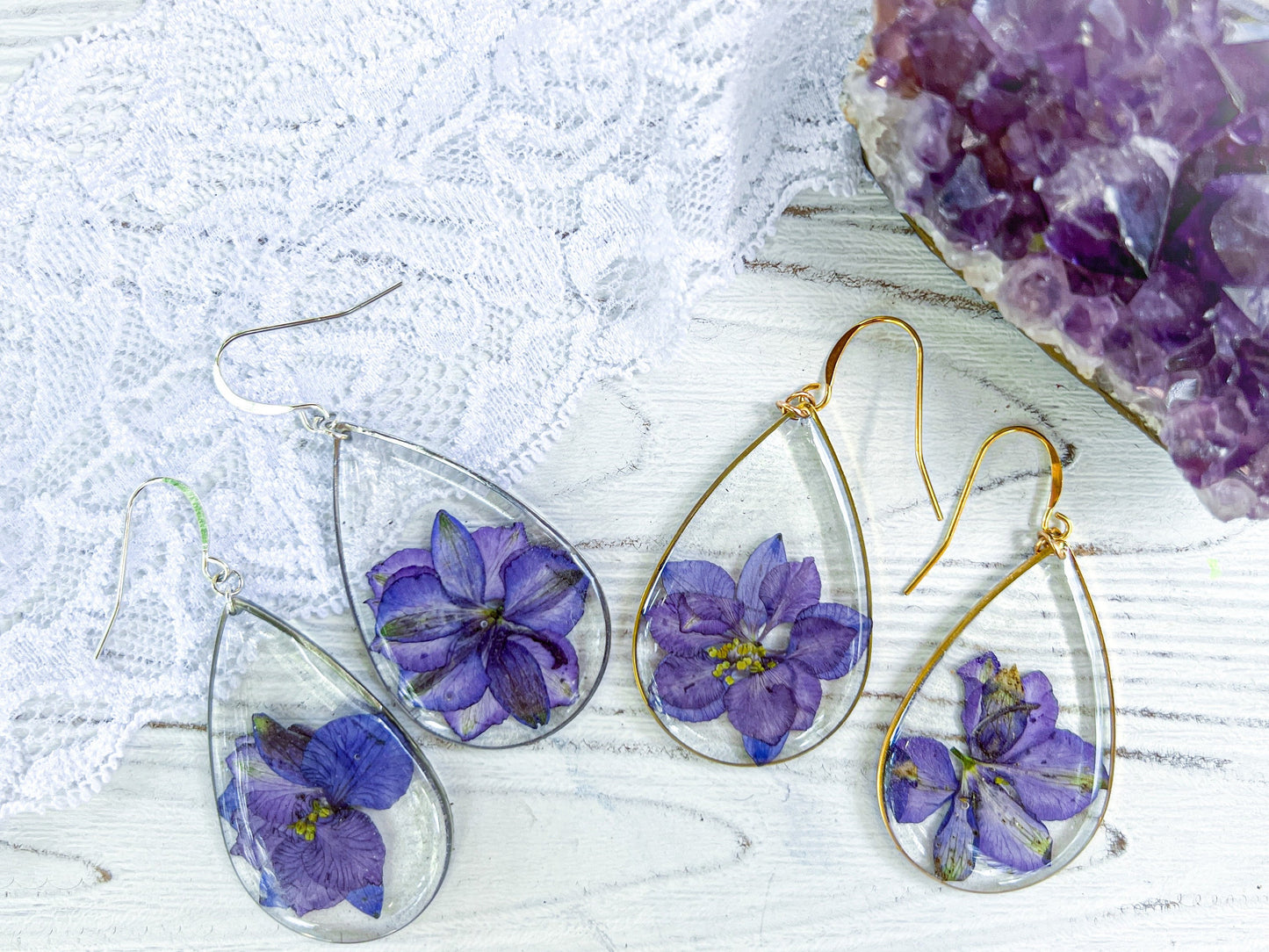 Pressed Larkspur earrings, botanical statement earrings, large real flower earrings, July birthflower